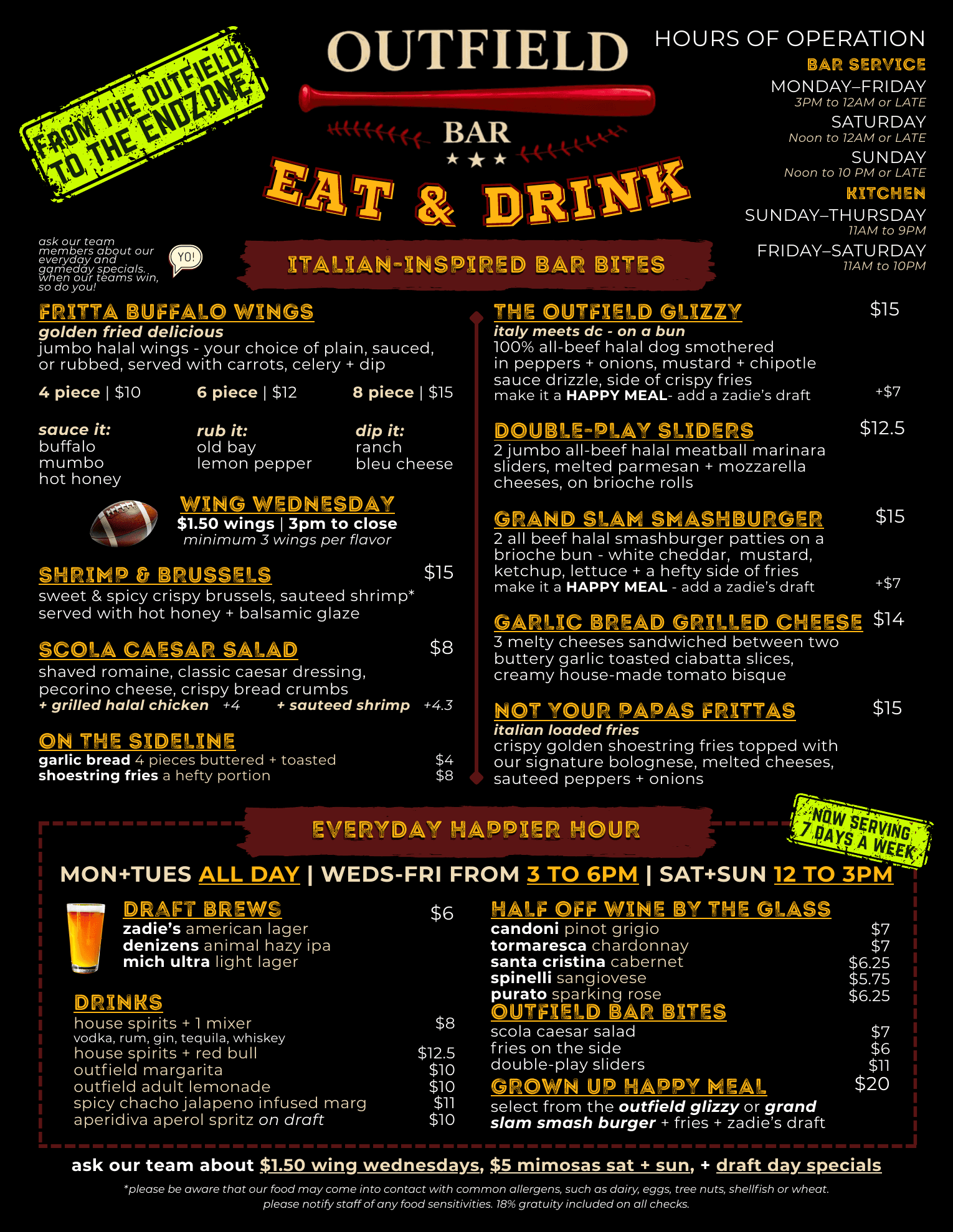 Outfield Bar eat and drink menu — Italian-inspired bar bites and everyday happier hour